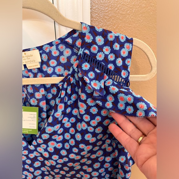 Kate Spade sleeveless silk blouse, S. Blue patterned, ruffles, NWT - Picture 5 of 5